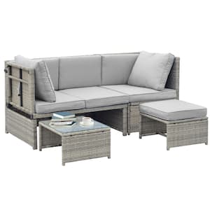 Contemporary Gray Wicker Outdoor Chaise Lounge with Gray Cushions and Glass Top Coffee Table