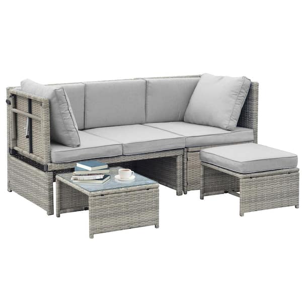 Zeus & Ruta Contemporary Gray Wicker Outdoor Chaise Lounge with Gray Cushions and Glass Top Coffee Table