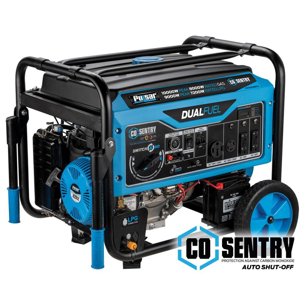 Pulsar 10,000/8,000 -Watt Dual-Fuel Gasoline and Propane with Recoil, Remote and Push to Start Portable Generator, CO Shutoff -  PG10000BRCO
