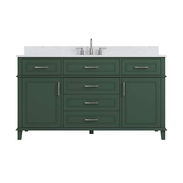 Agatha 61 in. Single Sink Freestanding Sea Green Bath Vanity with White Engineered Stone Top and Backsplash Assembled