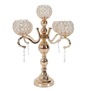 21.65 in. Tall Gold 5 Arms Candle Holder Modern Crystal Candelabra with Hanging Crystal Drops for Wedding Table Decor