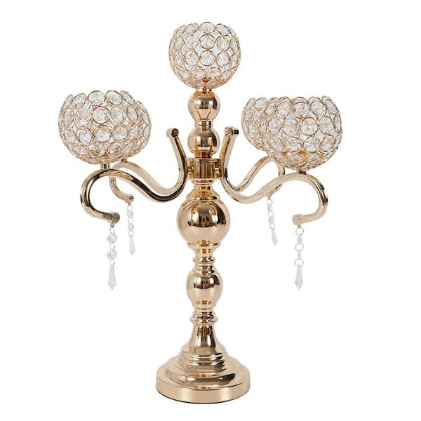 YIYIBYUS 21.65 in. Tall Gold 5 Arms Candle Holder Modern Crystal Candelabra with Hanging Crystal Drops for Wedding Table Decor