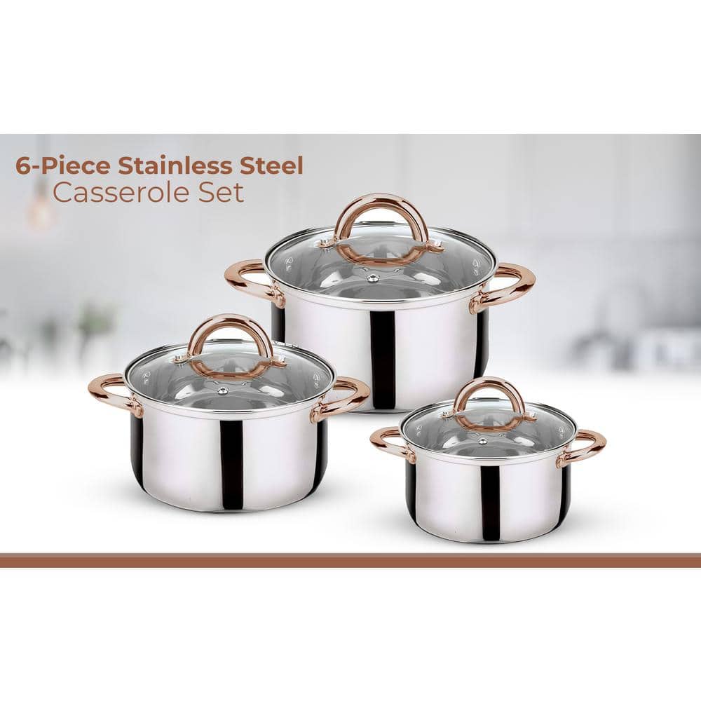 6-Piece Stainless Steel Casserole Set with Copper Handles