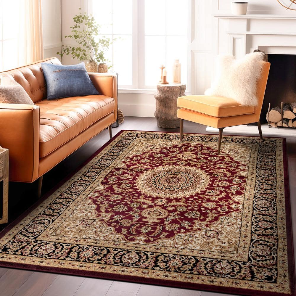 Burgundy Traditional Medallion Synthetic Area Rug 6'6" x 9'