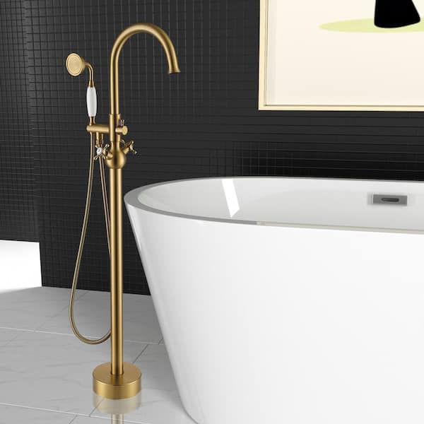 2-Handle Floor Mount Freestanding Tub Faucet with Hand Shower in. Brushed Brass