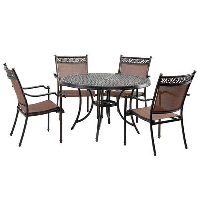 5-Piece Cast Aluminum Round Outdoor Dining Set with Classic Pattern Table and Sling Chairs Dark Brown