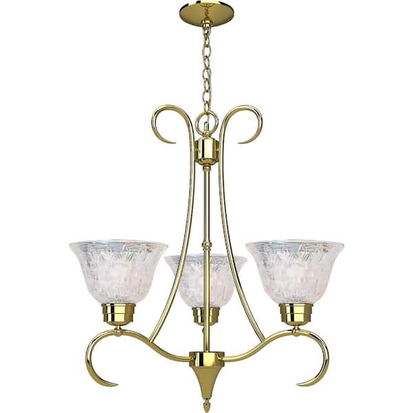 Volume Lighting 3 Lights Polished solid brass Chandelier with Crystal glass shade