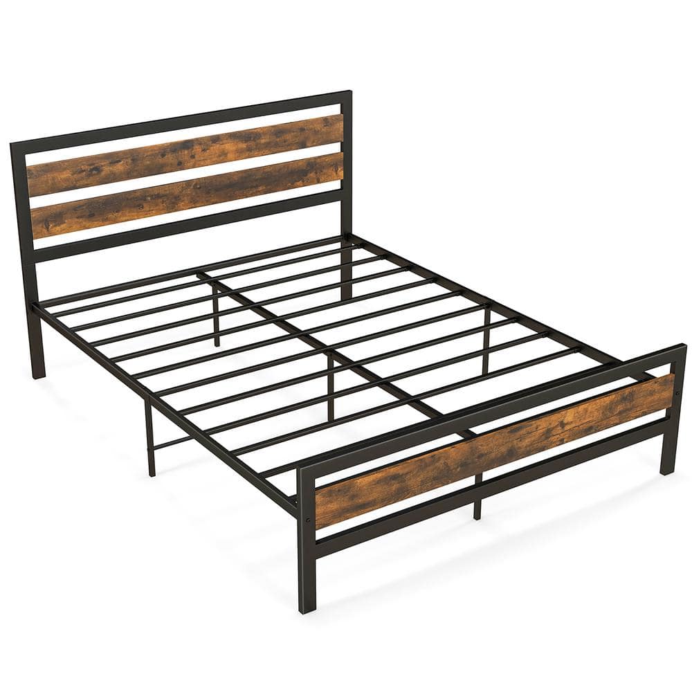 Rustic Brown Plus Black Industrial Metal Frame Queen Platform Bed Rustic Headboard Mattress Foundation -  Costway, HU10461DK-Q