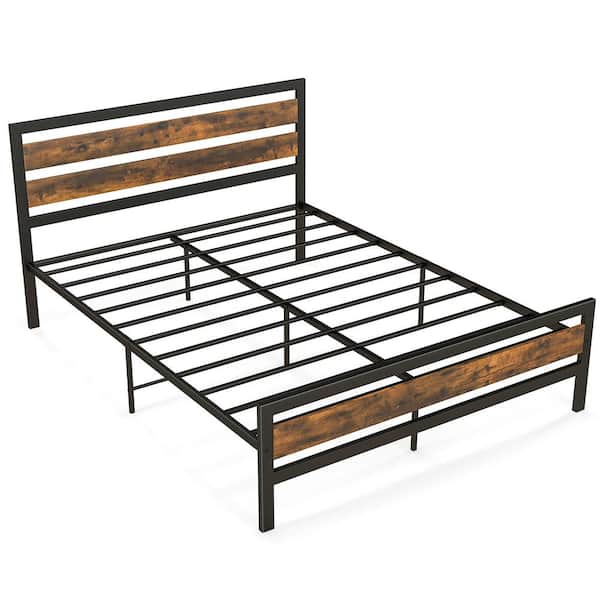 Costway Rustic Brown Plus Black Industrial Metal Frame Queen Platform Bed Rustic Headboard Mattress Foundation