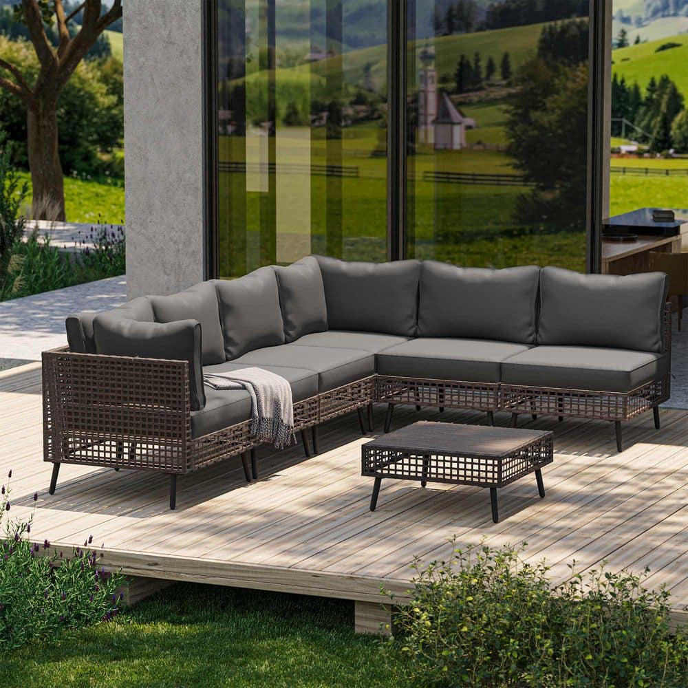 7-Piece Wicker Openwork Outdoor Sectional Set with Gray Cushions and Coffee Table, for Gardens and Courtyards price history on PriceWatchPro