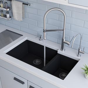 Undermount Granite Composite 33.88 in. 35/65 Double Bowl Kitchen Sink in Black