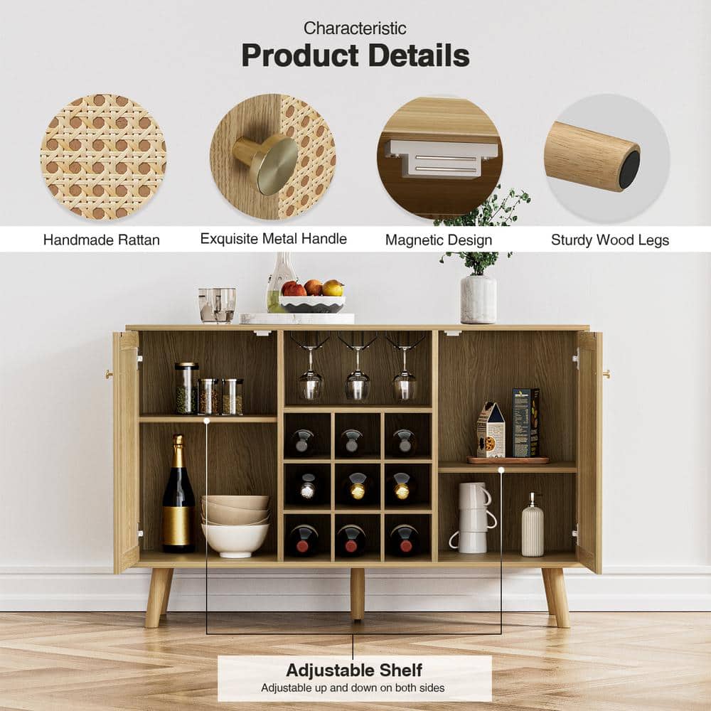 Rustic Oak and Rattan Wine Bar Cabinet with Adjustable Shelves