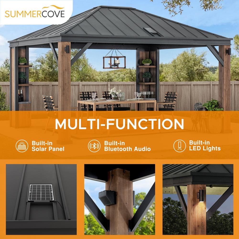 Sunjoy 12 x 14 ft Cedar Wood and Steel Hardtop Gazebo with LED Lighting and Bluetooth Sound