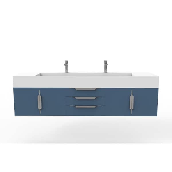 castellousa Nile 72 in. W x 19 in. D x 20 in. H Single Bath Vanity in Matte Blue with Chrome Trim and White Solid Surface Top