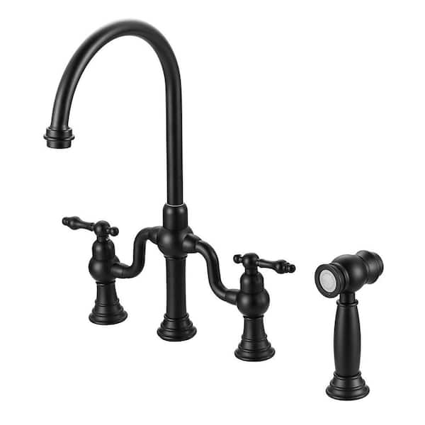 8 in. Centerset 4 Hole Double Handle Brass Bridge Kitchen Faucet with Side Sprayer in Matte Black