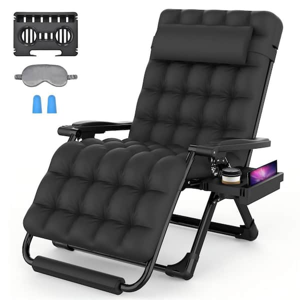 33 in.W Black Metal Zero Gravity Outdoor Recliner Oversized Lounge Chair with Cup Holder and Cushions