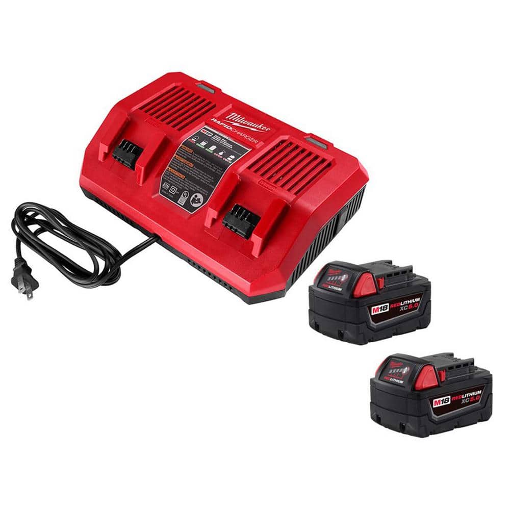 Milwaukee M18 18-Volt Lithium-Ion Dual Bay Rapid Battery Charger with (2) M18 5.0Ah Batteries 48-59-1802-48-11-1852 - The Home Depot