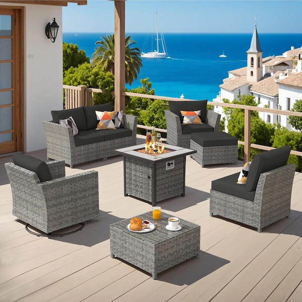 OVIOS Bexley Gray 8-Piece Wicker Fire Pit Patio Conversation Seating Set with Black Cushions and Swivel Chairs