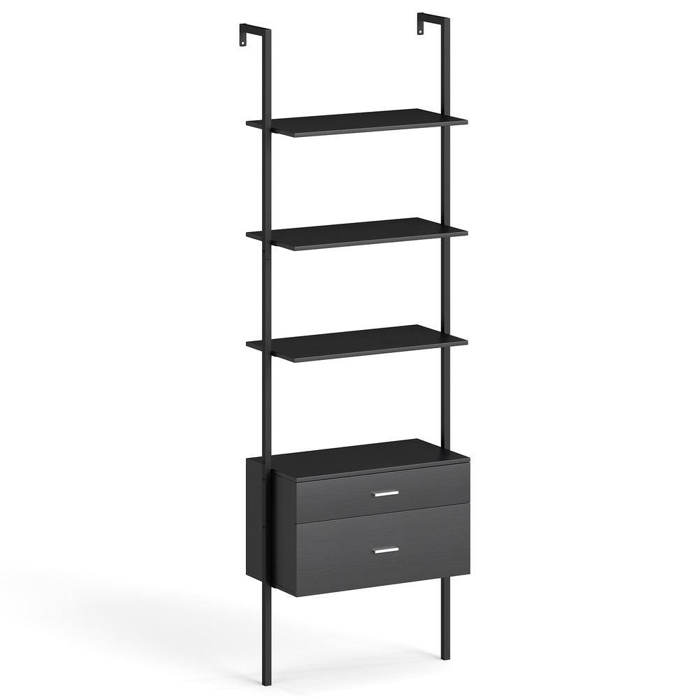 Bunpeony 6-tier black ladder bookcase with two drawers and a metal frame.