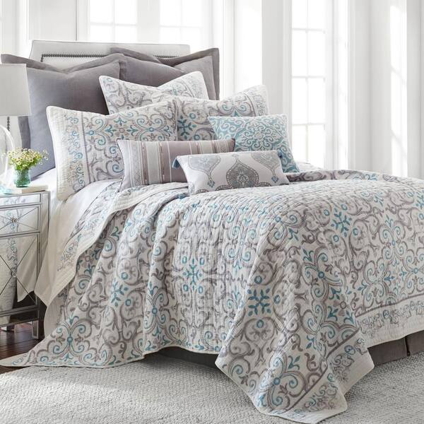 LEVTEX HOME Architectural Tile 3-Piece Grey, Teal, White Medallion Cotton King/Cal King Quilt Set