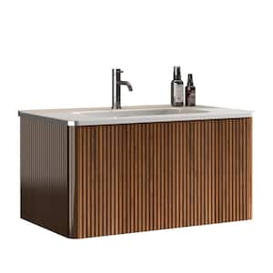 30 in. Wall Mounted Floating Bath Vanity with White Single Ceramic Basin Top and Push Open Drawer in Stripe Walnut