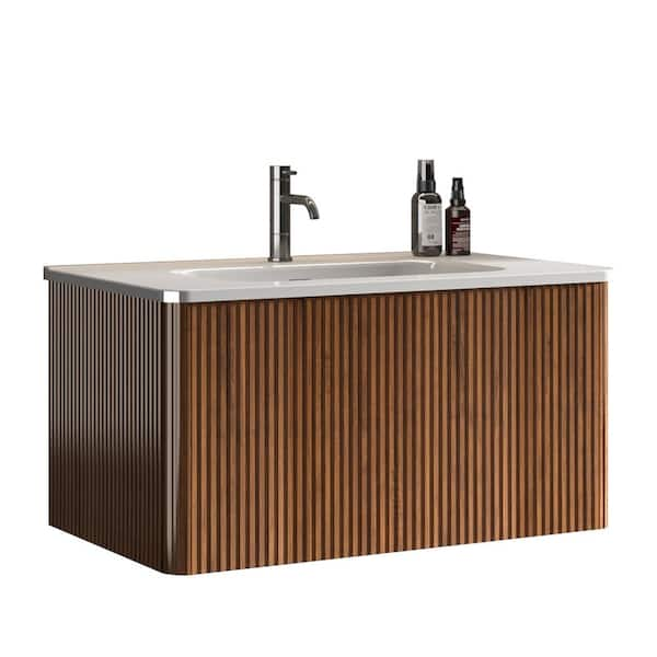 30 in. Wall Mounted Floating Bath Vanity with White Single Ceramic Basin Top and Push Open Drawer in Stripe Walnut