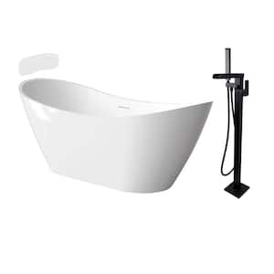 Skylar 59 in. x 30.75 in. Soaking Bathtub with Center Drain in Gloss White/Matte Black with Faucet and Pillow