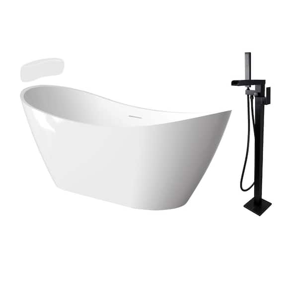 Transolid Skylar 59 in. x 30.75 in. Soaking Bathtub with Center Drain in Gloss White/Matte Black with Faucet and Pillow