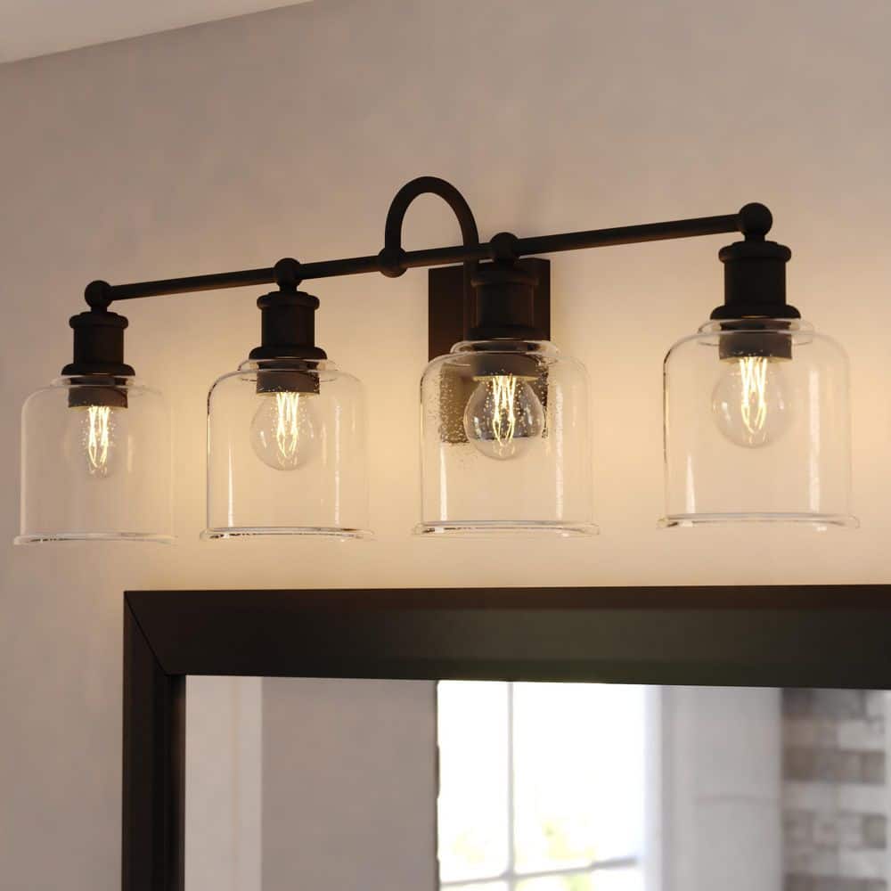 Northbrook 32 in. 4-Light Matte Black Vanity Light with Clear Seeded Glass Shade, LED Compatible Bathroom Wall Sconce price history on PriceWatchPro