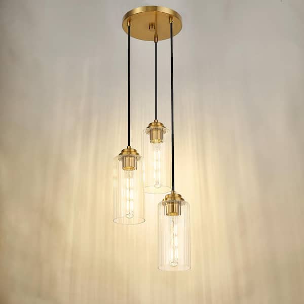 Modern 3-Light Gold Pendant Light with Clear Striped Glass Shade, No Bulbs Included