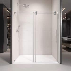 54 in. W x 76 in. H Single Sliding Frameless Shower Door in Brushed Nickel with Clear 3/8 in. Glass