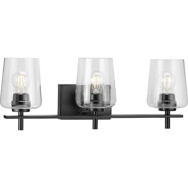 Progress Lighting Calais 24.25 in. 3-Light Matte Black Vanity Light Clear Glass New Traditional Bath