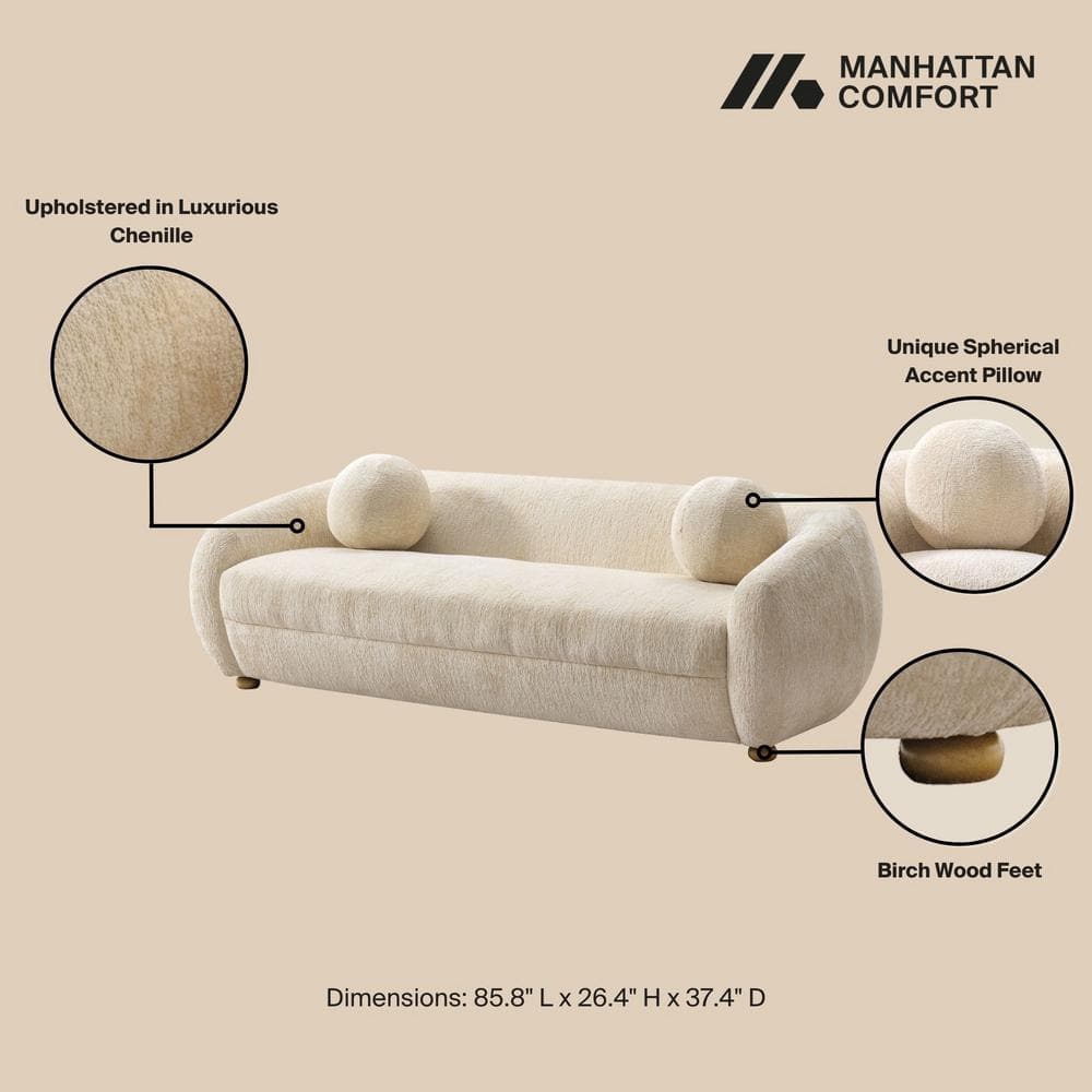 Tribeca 86" Cream Chenille Sofa with Birch Wood Frame