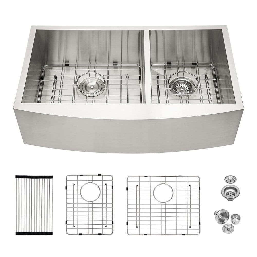 36 in. Farmhouse Double Bowl 16-Gauge Brushed Nickel Stainless Steel Kitchen Sink with Bottom Grids price history on PriceWatchPro