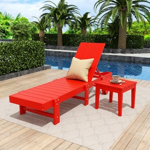 Shoreside 2-Piece Modern Plastic Outdoor Reclining Chaise Lounge With Wheels and Side Table in Red