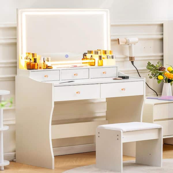 Makeup Vanity Desk with 3-Color Modes Adjustable Lights Vanity Table and Chair Set with Charging Station, White