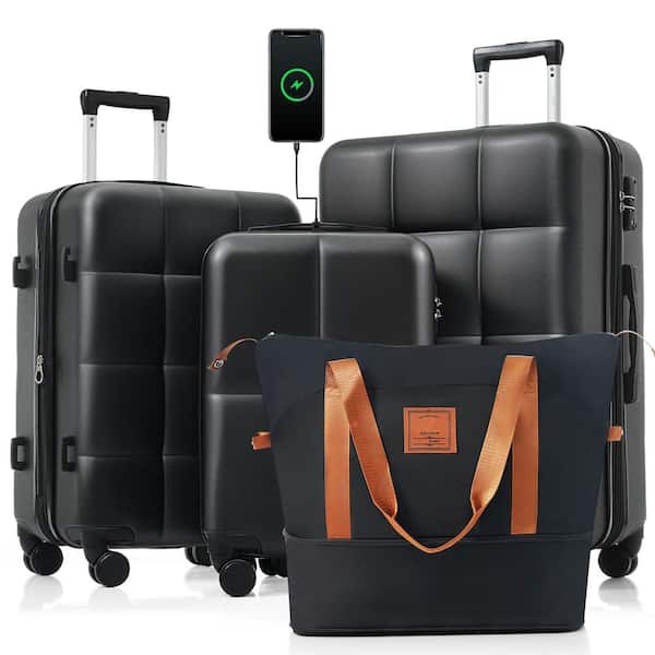 4-Piece Black and Brown Expandable ABS Hardshell Spinner Luggage Set with Travel Bag, USB Port, Cup Holder, Hooks