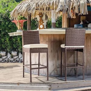 Patio Bar Chairs 2 of Piece Wicker Square 43.5 in. Outdoor Dining Set with Beige Cushions