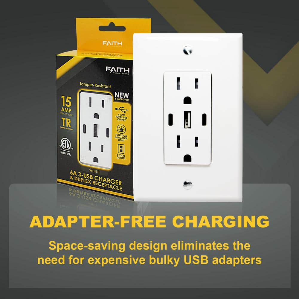 White 15A Tamper Resistant Duplex Outlet with 3 USB Ports