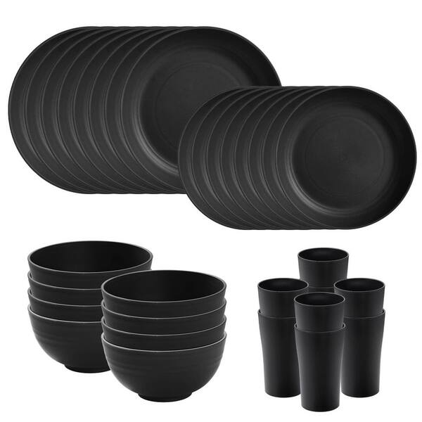20 oz. Cereal Bowls Black 32-Piece Wheat Straw Plastic Dinnerware Set Service for 8 with Plates Bowls and Cups in