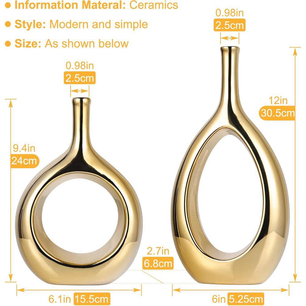 Glossy Gold Ceramic Ellipse Hollow Table Vase Set