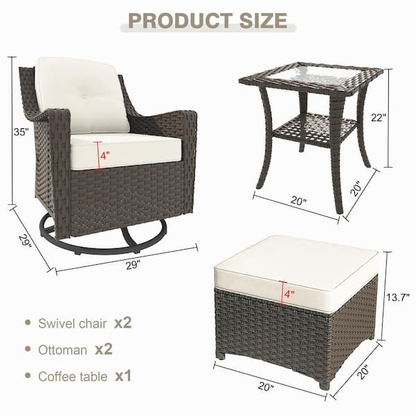 5-Pieces Wicker Outdoor Patio Conversation Set with 2 Swivel Chairs and 2 Ottomans with Beige Cushions, a Side Table