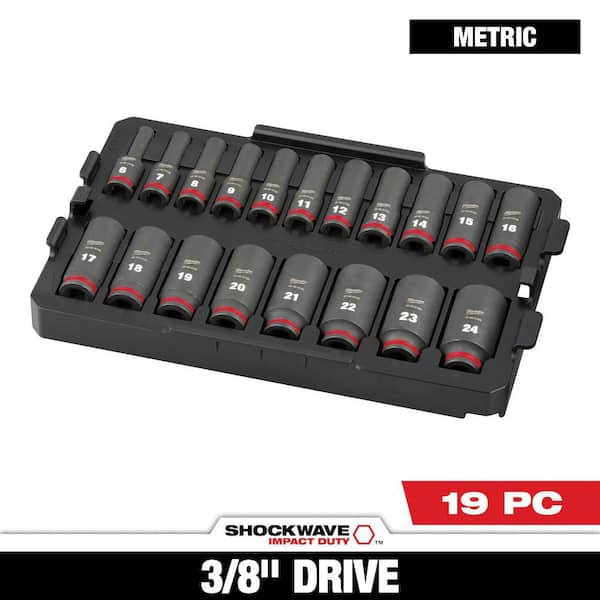 Milwaukee SHOCKWAVE Impact-Duty 3/8 in. Drive Metric Deep Well Impact Socket Set (19-Piece)