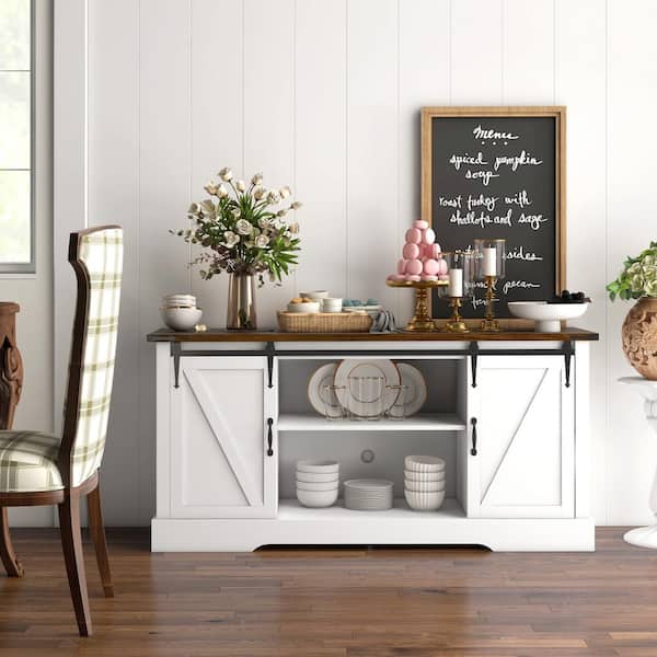 Sideboard with Charging Station, Farmhouse TV Stand for 65 in. TV, White