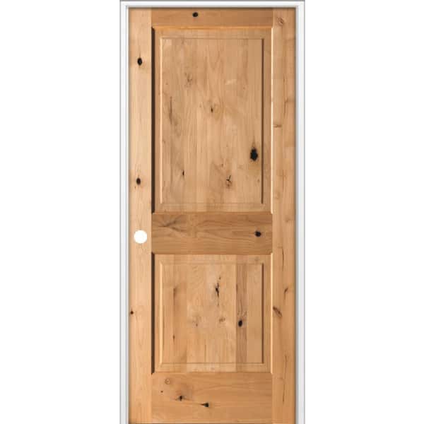32 in. x 80 in. Rustic Knotty Alder 2 Panel Square Top Right-Hand Single BEHR Cedar Stain Wood Prehung Interior Door