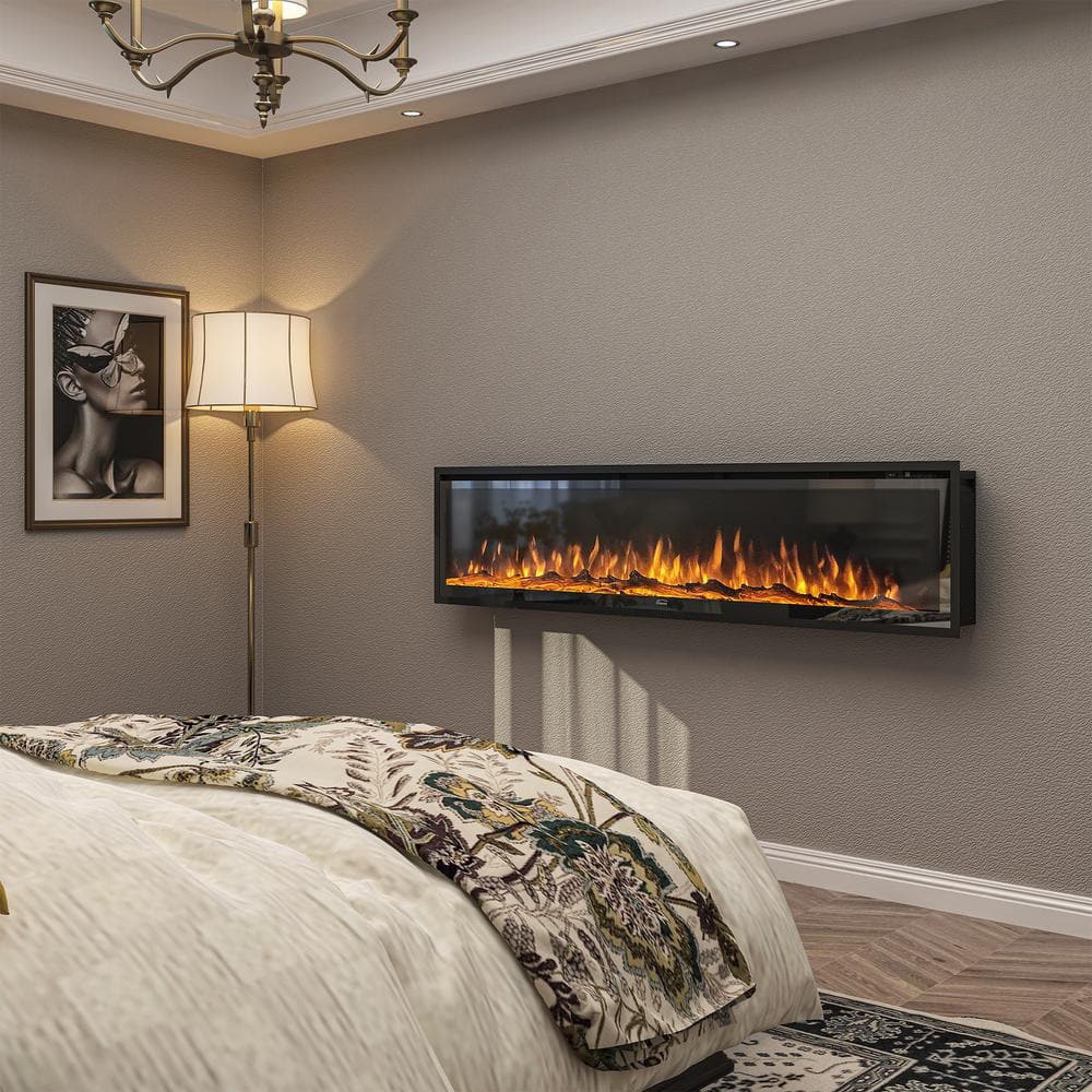 Corretto 72" Black Wall Mounted Electric Fireplace with Mantel