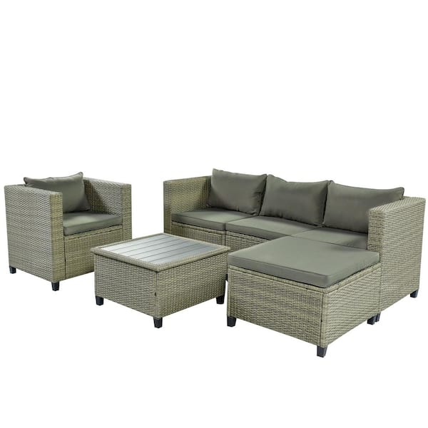 5-Piece Wicker Patio Conversation Set with Gray Cushions SBY ...