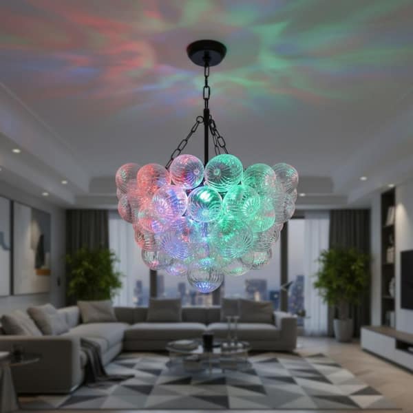 1-Light Black Bubble Ball Glass Integrated LED Chandelier, RGBCW Dimmable Cluster Ceiling Light for Dining Room, Bedroom