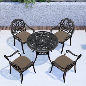 Elizabeth Black 5-Piece Cast Aluminum Outdoor Dining Set with 35.43 in. Round Table and Random Color Seat Cushions