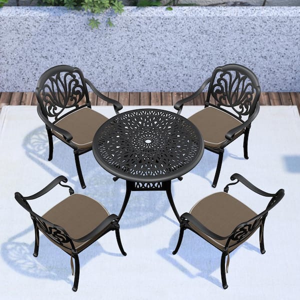 Willit Elizabeth Black 5-Piece Cast Aluminum Outdoor Dining Set with 35.43 in. Round Table and Random Color Seat Cushions